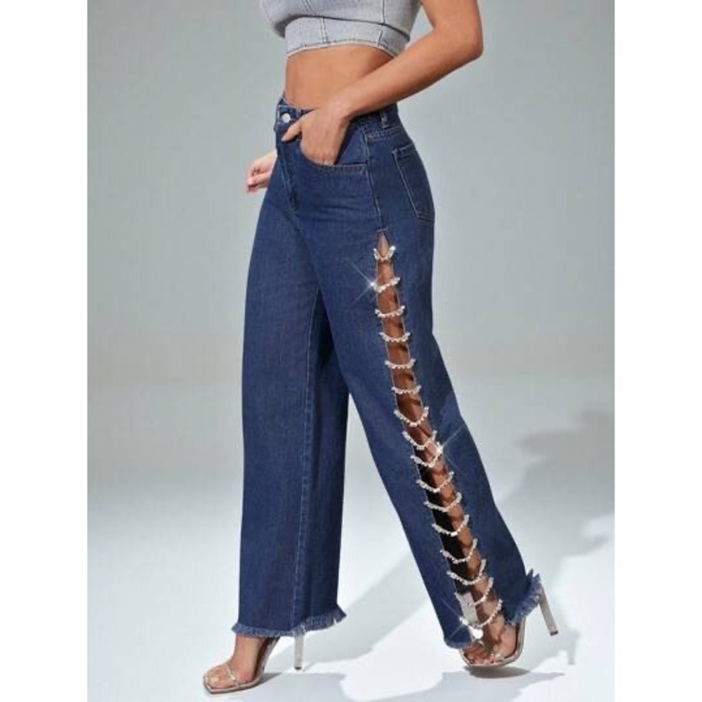 NWOT Shein Haute Rhinestone Side Slit Wide Leg Jeans Blue Festival Wear - Large